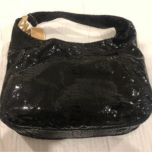Michael Kors Black Python Embossed Leather Hobo Bag w/ Gold MK Logo – New